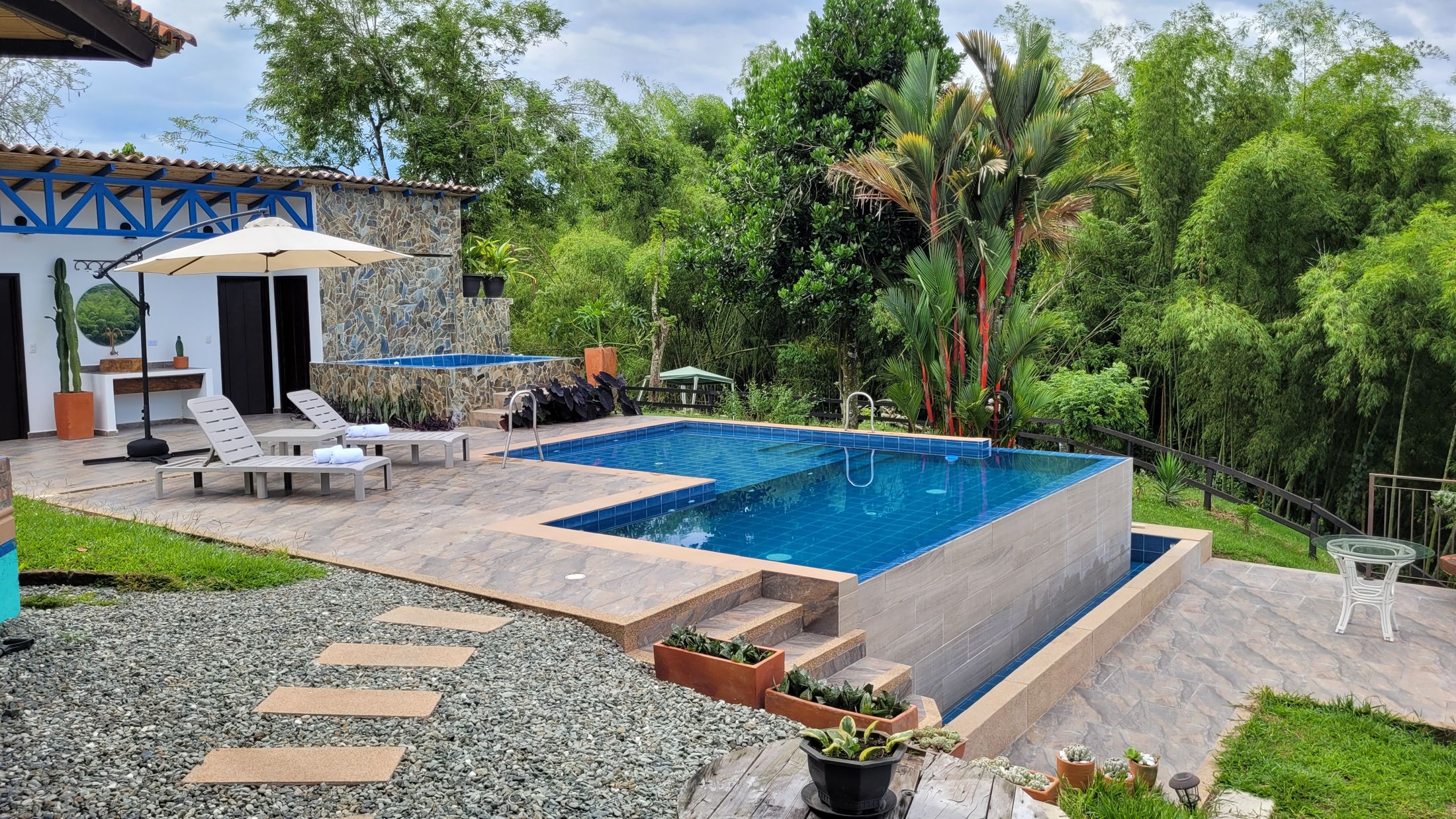 Piscina infinita de La María rodeada de jardín y bosque